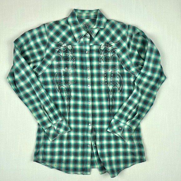 Rock 47 By Wrangler Tops - Rock 47 by Wrangler Womens Green Plaid Embroidered Rhinestone Snap Shirt Large